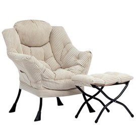 HollyHOME Fabric Lazy Chair with Foldable Ottoman, Accent Comfy Lounge Arm Chair and Folding Footrest Stool Set, Leisure Sofa Reading Chair and Footstool for Living Room, Bedroom, Dorm, Beige Stripe