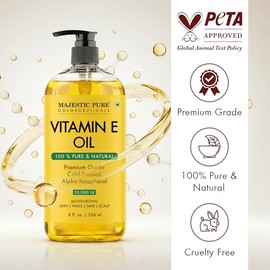 MAJESTIC PURE - Aceite de Vitamina E 100% Puro y Natural 20,000 IU Grado Premium Prensado en Frío para Piel Uñas Cabello y Cuero Cabelludo 236 ml