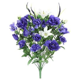 Admired By Nature 40 Stem Artificial Flowers Roses Lily Peony Mixed Bush Spring Faux Flower Arrangement for Outdoor & Indoor Wedding Home Decor, Cemetery Decorations for Grave, Blue