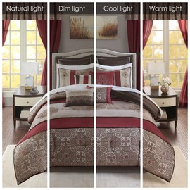 Madison Park Essentials Delaney 24-Piece Room In A Bag Comforter Set-Satin Jacquard, All Season Luxury Bedding, Sheets, decorative pillows and Curtains, Valance, Cal King(104"x92"), Medallion Red