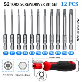 12 Pcs Torx Head Screwdriver Bit Sets Tamper Proof Torx Bit Set Star Screwdriver Set With Hole 1/4 Inch Security Torx Set Magnetic Security Hex Bit Set For Car Fixings Screwdriver, Impact Drill T6-T40