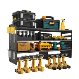 oviitech Power Tool Organizer Wall Mount, 8 Drill Holder Wall Mount Loads 400lbs, 4 Layer Heavy Duty Metal Power Tool Storage, Black, Utility Rack for Garage Workshop, Gifts for Men