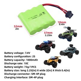PUOO 2PCS 7.4V 1000mAh Lithium Battery with SM-4P 4 pin Plug USB Charging Cable for DE36W DE65 NO.1809 RC Car 1:16 Off-Road Vehicle Four-Wheel Drive High-Speed Climbing Drift Racing Spare Battery