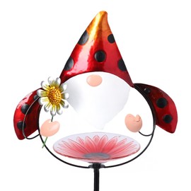 MUMTOP Glass Bird Baths for Outdoors, 32 Inch Height Small Garden Gnome Birdbath Bird Feeders Unique Metal Ladybug Gnomes Decorative for Outdoor Outside Yard Lawn, Red