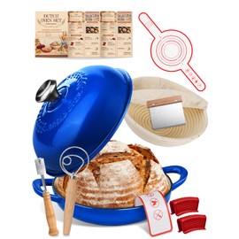 Dutch Oven Bread Baking Pot with Lid 6QT Enameled Cast Iron Oven, Gradient Blue Design & Complete Sourdough Kit (Banneton Basket, Dough Tools, Silicone Sling) for Artisan Bread Making