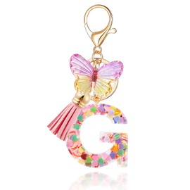 XGALBLA Alphabet Initial letter Keychain for Women Girls Tassel Butterfly Pink Cute Car Keychain for Wallet Backpack Bag Charm(Pink G)