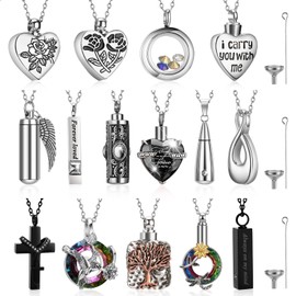 Ecation 15 Pcs Urn Necklace for Ashes Keepsake Cremation Jewelry Stainless Steel Cross Heart Cubic Locket Ashes Necklace (Black)