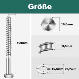 Pack of 8 M10 x 100 mm Hexagon Wood Screws Key Screws Stainless Steel A2 V2A Hex Screws with Washers and Socket Wrench