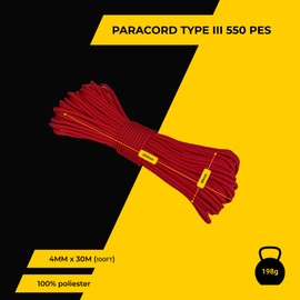 EdcX 4 mm Polyester Paracord 550 (15, 30 and 50 m) – 4 mm Type III, Tear-Resistant Parachute Cord for Survival Made of 100% Polyester with 7 Wires | Solid Colours (Red, 30 m)