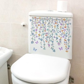 Colourful Butterfly Flowers Toilet Stickers Wildflowers Vine Toilet Seat Lid Cover Decals Fashion Irises Bathroom Wall Sticker Peel and Stick Removable Waterproof WC Restroom Toilet Cover Decor Art