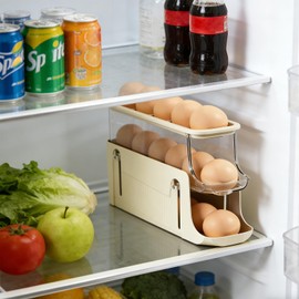 Egg Holder for Fridge, Rolling Egg Holder for Refrigerator, Automatic Egg Dispenser Organizer, Egg Storage Container Rack for Refrigerator Countertop, Space Saving Fridge Organizer （Creamy White）