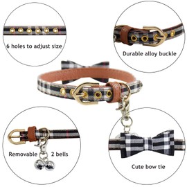 3PCS Bow Tie Dog Collar and Leash Set Plaid/Camo/Dots/Flower Dog Bandanas with Bell 3 Size Adjustable for Small Dogs Puppies and Cats (S, Black Plaid)