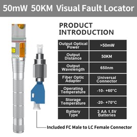 50KM Fiber Optical Fault Locator with FC/LC Adapter Kit, VFL Includes Singlemode 9/125µm FC Male to LC Female Fiber Optic Light Pen for CATV Telecom and Maintenance