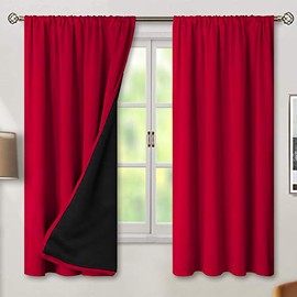 BGment Christmas Thermal Insulated 100% Blackout Curtains for Bedroom Decoration with Black Liner, Double Layer Full Room Darkening Noise Reducing Rod Pocket Curtain (52 x 63 Inch, Red, 2 Panels)