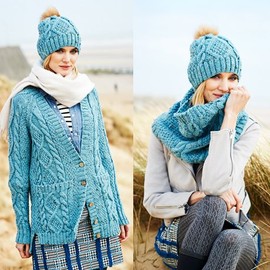 Aran Knitting Pattern Stylecraft 9554-3 Designs for Cardigan, Snood & Hat Sizes 32/34" - 48/50" Bust