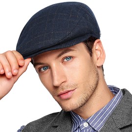 Wantonfy Beret Cap Men's Flat Cap Peaked Cap Gatsby Peaked Cap Newsboy Flat Cap Beret Hat 1920 Style Gatsby Costume Accessories, navy blue grid with yellow