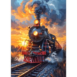 GDYEEH DIY 5D Steam Train Diamond Art Kits, Round Full Drill Vintage Train Diamond Painting Picture, Sunset Painting by Numbers Art Kits for Adults Beginners Home Wall Decor 12x16 inch