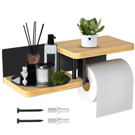 Toilettenpapierhalter ohne Bohren aus Bambus & Stahl, Klopapierhalter mit Ablage, Klorollenhalter Holz für Bad & WC, Toilettenpapier Aufbewahrung Wandmontage Kleben oder Bohren, Klopapierhalter Holz