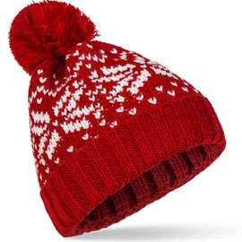 Beanie Hat for Women Winter Warm Pom-Pom Cuffed SKi Hat Adult Knit Caps Men Small/Medium (US, Alpha, Medium, Standard, Red)