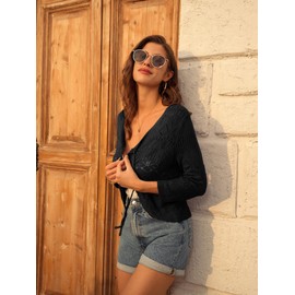 GRACE KARIN Women's Bolero 3/4 Sleeve V-Neck Cardigan Lightweight Casual Cardigan Short Shrug Tie Front Knitwear Bolero for Dresses Tops, black