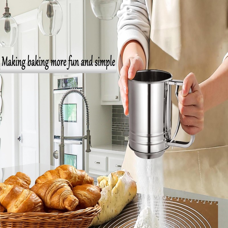 Flour Sifter, Stainless Steel 3 Cup Flour Sifters for Baking,