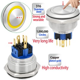 30mm Momentary Push Button Switch 1.18in Big Head Waterproof IP67 5Amp with 12V DC LED Stainless Steel Mounting Hole with Socket DPDT SPDT (Momentary, 12V, Yellow)