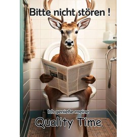 Blechschild Humor Aluminium 20x30cm - auf der Toilette mit Zeitung Wildtier Wald Hirsch 61