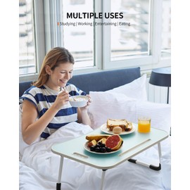 FISYOD Foldable Laptop Table, Portable Lap Desk Bed Table Tray, Laptop Stand with Cup Holder & Tablet Slot & Lifting Handle for Working Writing Drawing & Eating (Blue)