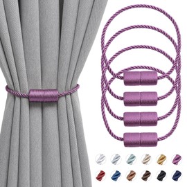 Pretty Jolly 4 Pieces Magnetic Curtain Tiebacks Handmade Woven Side Rope Curtain Holdbacks Practical Decorative Cylinder Curtain Tiebacks for Home and Office Window Curtains (Purple)