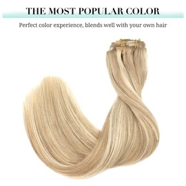 DOORES Real Hair Extensions, Dirty Blonde Highlights Bleach Blonde, 35 cm, 14 Inches, 7 Pieces, 120 g, Clip-In Extensions, Real Hair, Remy Clip-In Hair Extensions, Straight, Full Head Real Hair