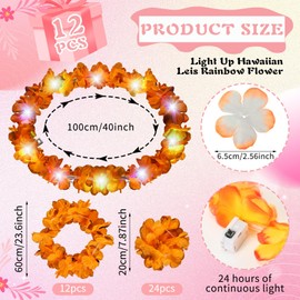 Riceshoot 48 Pcs LED Hawaiian Leis Set Light up Flower Necklace Crown Wreath Headband Wristband Rainbow Flower Hawaiian Leis with LED Lights Summer Beach Tropical Carnival Party Supply Luau
