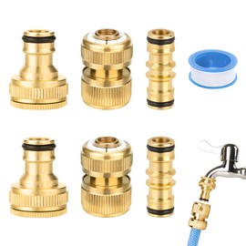 Xatgiouy 7 Pack Brass Garden Hose Connector Set, Brass Hose Fittings Includes 2 Double Male Connector, 2 End Connectors, 2 Adjustable 1/2'' & 3/4'' Tap Connectors, 1 Plumber Tape, Easy to Install