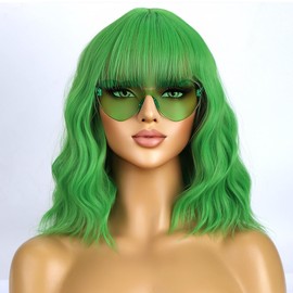 WTHCOS Lime Green Wigs for Women Girls Short Bob Wig Short Curly Wavy Green Wig With Bangs Heat Resistant Synthetic Wigs for Cosplay Costume Party with A Heart Shape Rimless Sunglasses