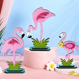 Yaomiao 3 Pcs Flamingo Wood Tall Standing Block Set Pink Flamingo Table Sign Tropical Bird Table Centerpieces Summer Party Decor for Home Table Office Desk Tier Tray Supplies