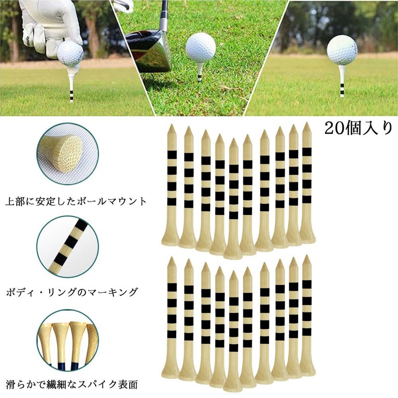 GLOWZEN 20 Pcs Bamboo Golf Spikes Black Stripe Design Natural