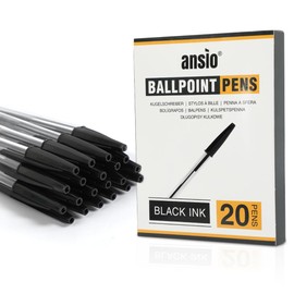 ANSIO Black Biro Pens – Medium Tip (1.0mm) Smooth Writing Ballpoint Pens – Ideal for School, Office & Home Use: Value Pack of 20