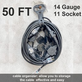 50FT 14 Gauge 3 Prong Extension Cord,11 Socket Evenly-Spaced,Nema5-15P/Nema5-15R Male to Female Connector,Stage Back Lines Power Board,Multiple Cable for Party and Christmas Decoration ETL listed