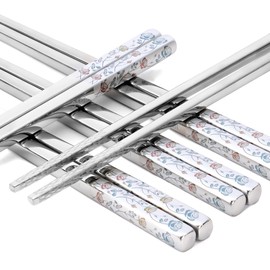 Stainless Steel Chopsticks, Titanium Plated Metal Chopsticks, 9.8" Premium Japanese Korean Color Laser Engraved Cooking Chop Sticks, Dishwasher Safe, Reusable, Anti-slip, Anti-scald, 2 Pairs Gift Set