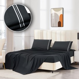 WODFAMY Microfiber Easy Fit Twin Size Bed Sheet Set Extra Soft Deep Pockets Luxury Hotel 3 Piece Set Bed Sheets Twin Sheets Black&Silver