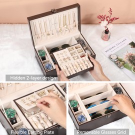 LANDICI Jewelry Box Organizer for Men Women, 2 Layer 4 Slot Watch Storage Case with Removable Tray, PU Leather Large Jewellery Holder Display for Watches Sunglasses Rings Earrings Necklace, Coffee