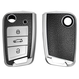 kwmobile Key Cover Compatible with VW Golf 7 MK7 3 Button Car Key - TPU Leather Look Car Key Fob Protector - Silver/Black