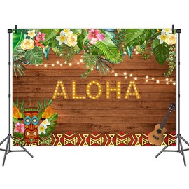 Fanghui 7x5ft Aloha Party Backdrop Summer Tropical Hawaiian Luau Flowers Wooden Sculpture Floral Prom Decoration Background Happy Birthday Baby Shower Banner Supplies Photo Booth Props