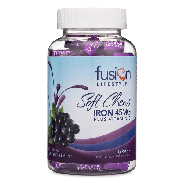 Fusion Lifestyle Iron Supplement for Women and Men, Grape Flavored Iron Soft Chew Plus Vitamin C for Iron Deficiency and Anemia, 2 Month Supply, 60 Count