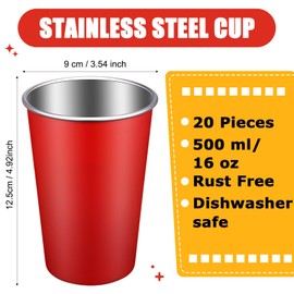 Mimorou 20 Pack 16 oz Stainless Steel Pint Cups Metal Cups Unbreakable Drinking Water Tumblers Stackable Cup for Kids Adults Bar Home Restaurant Travel Picnic Camping Outdoor (Red)