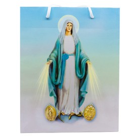 Catholic Gift Bag | Beautiful Marian Designs | Miraculous Medal or Madonna and Child | Includes Tissue Paper and Gift Tag | Great for First Holy Communion and Confirmation (Blue (10" x 8"))
