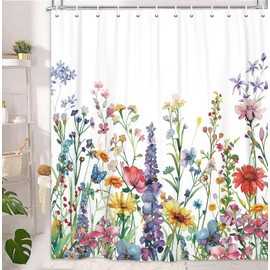 Farmhouse Rustic Boho Floral Shower Curtain, Colorful Watercolor Wildflower Flower Botanical Shower Curtain, Minimalist Aesthetic Floral Shower curtains for bathroom, with Hooks, 70X75IN(White )