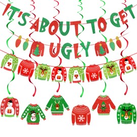 Red Green Its About to Get Ugly Banner and Ugly Sweater Garland Ugly Christmas Sweater Party Banner for Ugly Sweater Party Decorations, Ugly Christmas Sweater Party Supplies