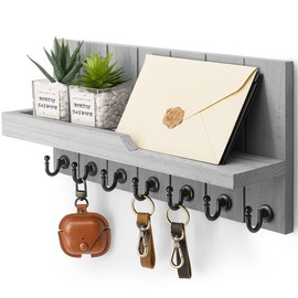 Rebee Vision Decorative Key and Mail Holder for Wall - Farmhouse 15 Inches Floating Shelf with 7 Sturdy Key Hooks for Home Entryway Wall Decor - Rustic Key Racks (Gray)