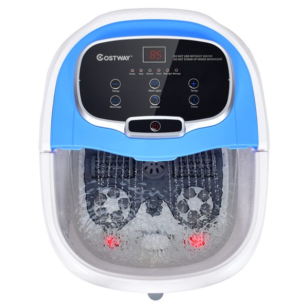 COSTWAY Foot Spa/Bath Massager, with Motorized Rollers, Shiatsu Massage, Shower, Heat, Red Light, Temperature Control, Timer, LED Display, Drainage Pipe for Foot Stress Relief (Blue)