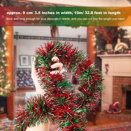 10M Christmas Decorations Tinsel Garlands Chunky Tinsel Ornament for Christmas Tree Artificial Xmas Garland Holiday Outdoor Indoor Wreath Wedding Party Supplies (Red & Green, Blue)